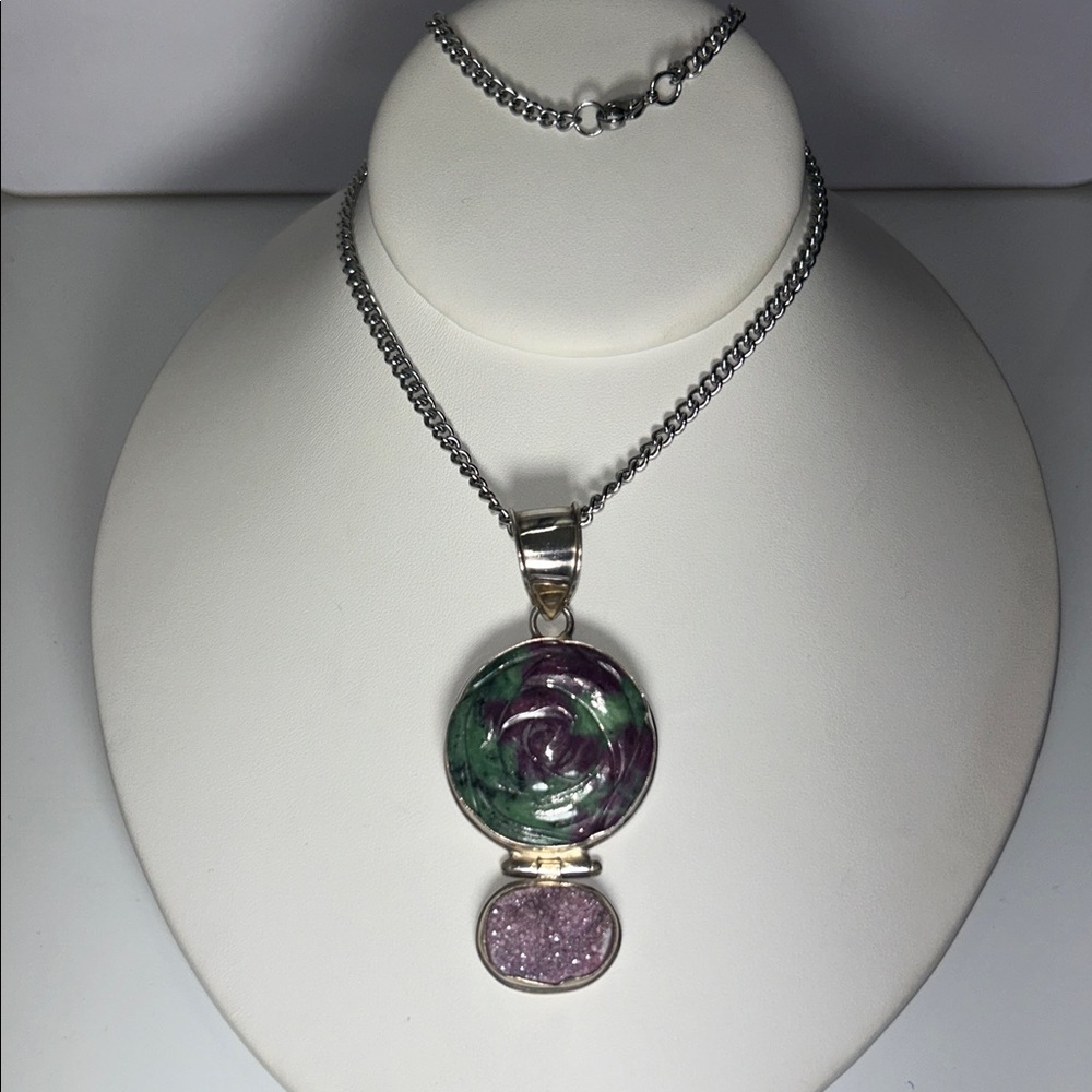 Artisan Made Vintage Sterling Silver Multi Gemstone Pendant Necklace